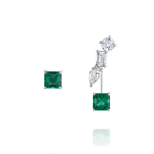 עגיל מטפס פנטזי מזהב לבן עם אבן חן ירוקה ויהלומים