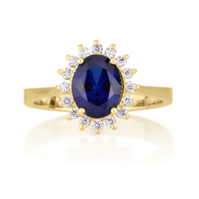 טבעת דיאנה משובצת יהלומים מזהב צהוב עם אבן חן כחולה