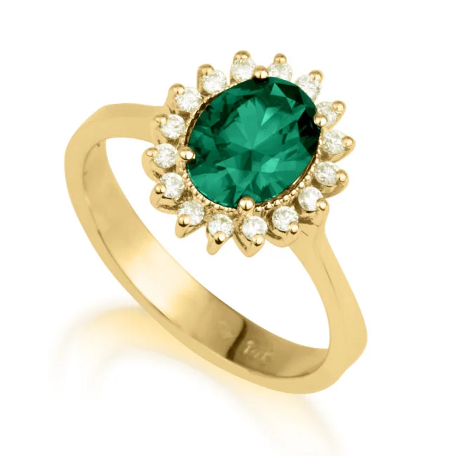 טבעת דיאנה משובצת יהלומים מזהב צהוב עם אבן חן ירוקה
