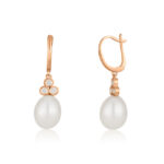 עגיל תלתן יהלומים פנינה תלויים זהב אדום