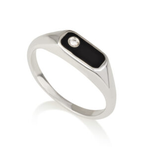 טבעת חותם לנשים מזהב לבן עם אמייל שחור ויהלום