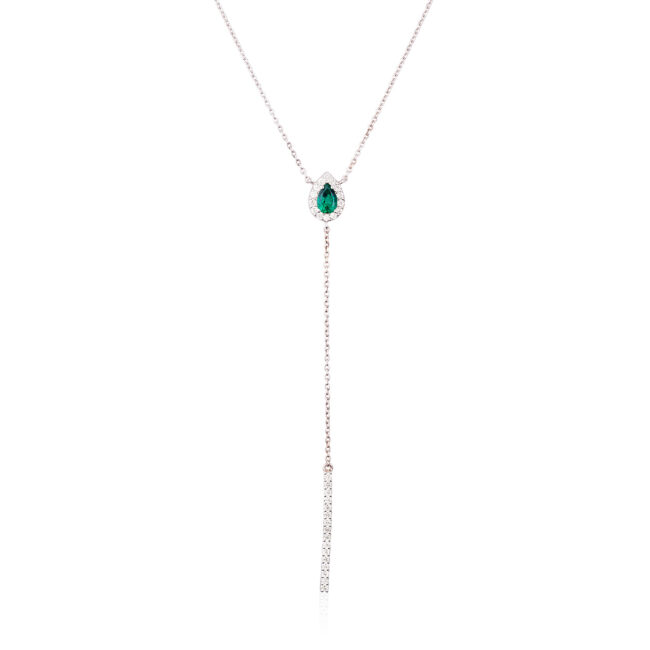 שרשרת מיקה בזהב לבן עם אבן אמרלד ירוקה ויהלומים