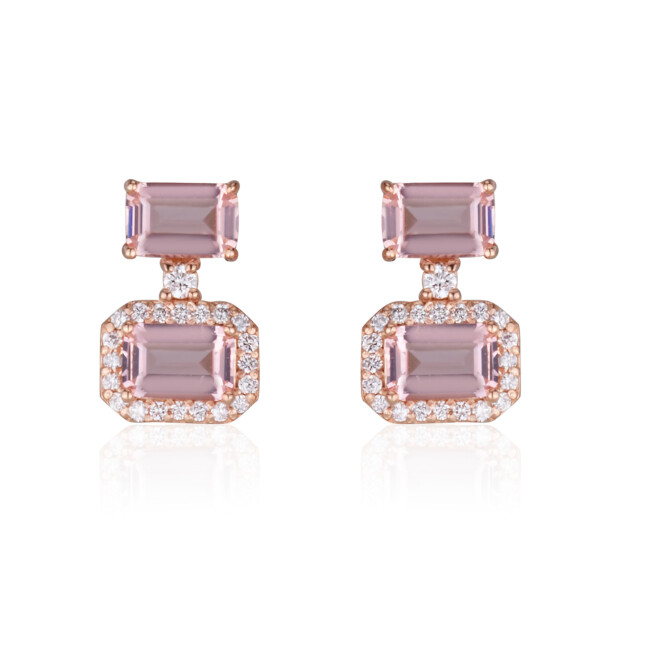 עגיל מיקה מלבני זהב אדום משובץ יהלומי מעבדה ומורגנייט