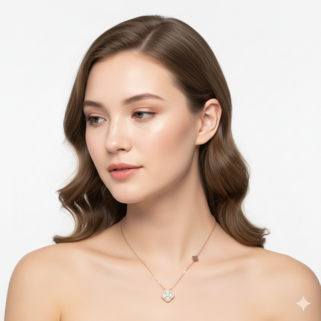 שרשרת תלתן כפול מזהב עם תליון משובץ יהלומי מעבדה